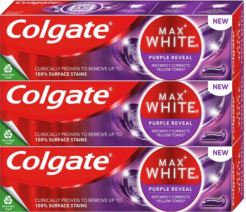 Colgate Max White Purple Reveal bělicí zubní pasta 3x 75 ml