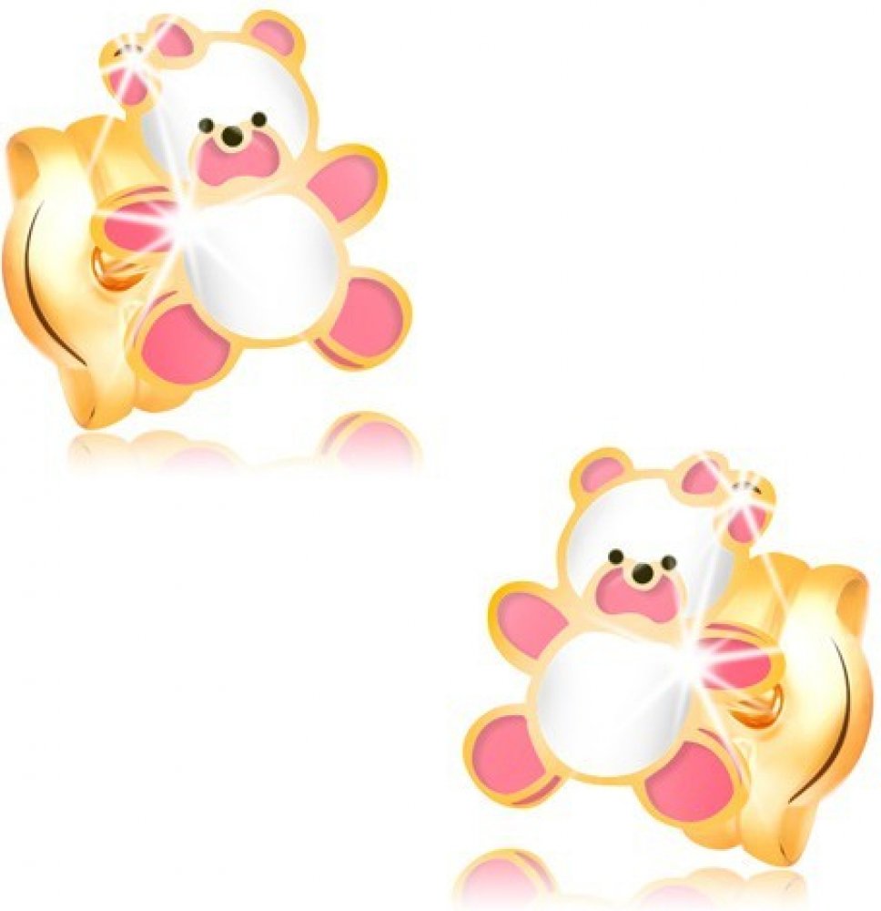 Šperky Eshop zlaté náušnice medvídek zdobený růžovou a bílou glazurou  puzetky S2GG32.19 | Srovnanicen.cz