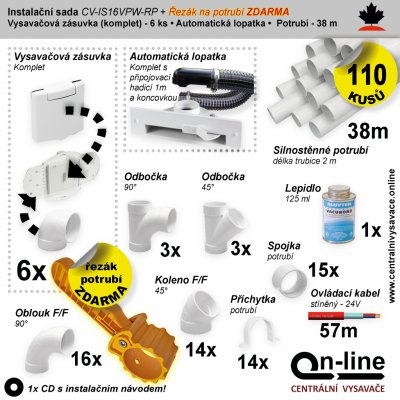 Instalační komplet centrálního vysávání - zásuvka (6 ks), podlahová štěrbina (1 ks), podlahová štěrbina (1 ks), řezák potrubí(1 ks), potrubí (38 m), potrubní díly (110 dílů). Určeno pro centrální vysa