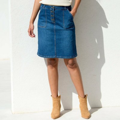 Rozšířená džínová sukně s knoflíky sepraná modrá – Zboží Mobilmania