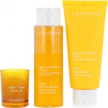 Clarins Spa At Home sprchový gel Tonic Bath Shower Concentrate 200 ml + tělová péče Tonic Body Balm 200 ml + vonná svíčka Tonic Oil Scented Candle 50 g + etue dárková sada