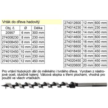 Vrták do dřeva hadovitý samostatný 6x300mm