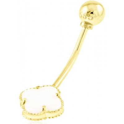 Gemmax Jewelry zlatý piercing Čtyřlístek s bílým korálem do pupíku ve stylu Vintage malý GLYYD-02095 – Zboží Mobilmania