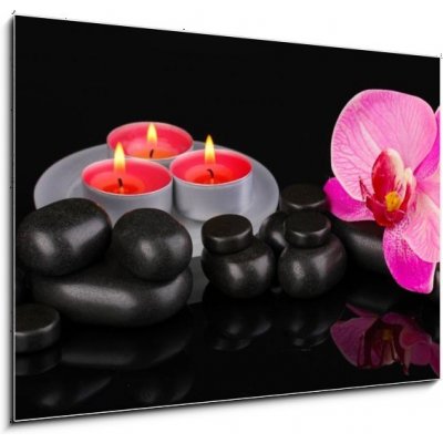 Obraz 1D - 100 x 70 cm - Spa stones with orchid flower and candles isolated on black Lázeňské kameny s orchidejovou květinou a svíčky izolované na černém – Zboží Mobilmania