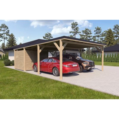 Holzbrüder Ralf na auto s malým domkem přírodní/černá 6 x 8,68 m – HobbyKompas.cz