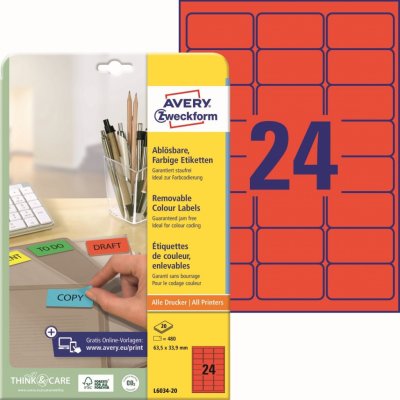 Avery Zweckform L6034-20 Barevné snímatelné etikety 63,5x33,9 mm 480 ks červené – Sleviste.cz
