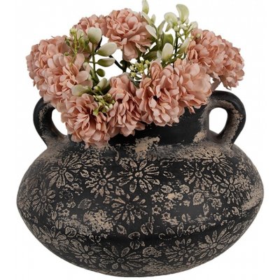 Černo-šedý keramický obal na květináč/ váza s uchy a květy - Ø 21*13 cm – Zbozi.Blesk.cz