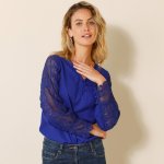 Blancheporte krepová halenka s macramé rukávy a výstřihem do "V" tmavě modrá – Zboží Dáma