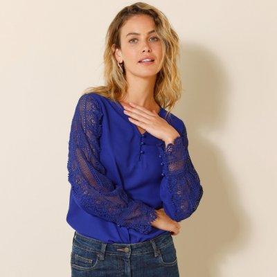 Blancheporte krepová halenka s macramé rukávy a výstřihem do "V" tmavě modrá – Zboží Dáma
