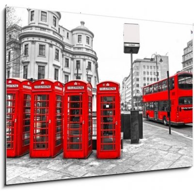 Obraz 1D - 100 x 70 cm - Red telephone boxes and double-decker bus, london, UK. Červené telefonní schránky a dvojité