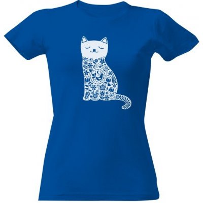 tričko s potiskem Kočka lidový vzor Královská modrá – Zboží Dáma