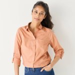 Košile s rukávy na ohrnutí a se zlatým potiskem karamelová/zlatá – Zboží Dáma