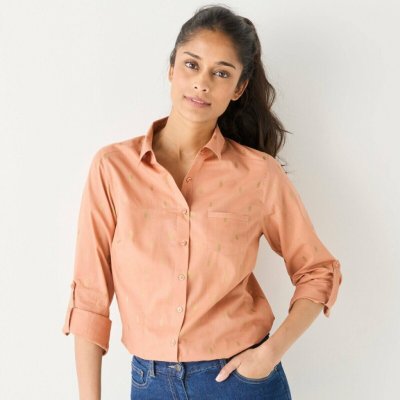 Košile s rukávy na ohrnutí a se zlatým potiskem karamelová/zlatá – Zboží Dáma