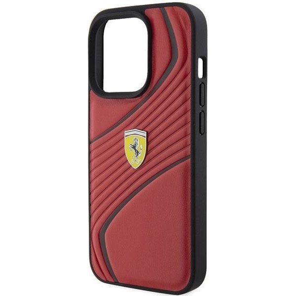 Pouzdro a kryt na mobilní telefon Ferrari Twist Metal Logo Apple iPhone 15 červené