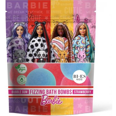 BI-ES Barbie Bath bombs bubble gum and strawberry - šumivé koule do koupele s vůní žvýkaček a jahod, 6x55 g
