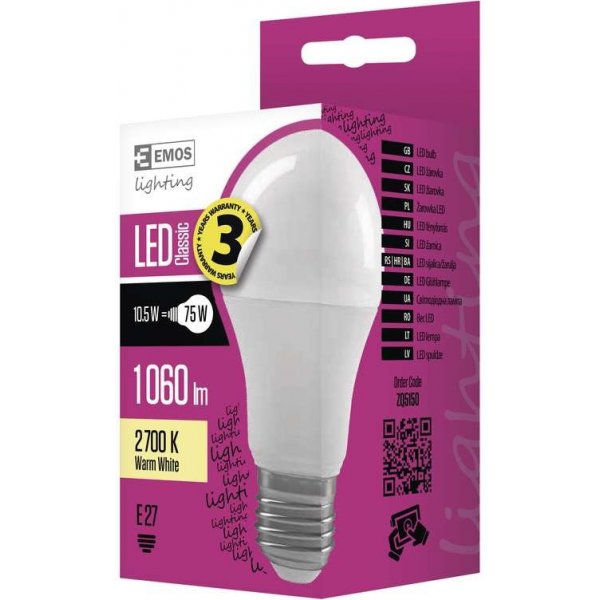 Emos LED žárovka Classic 10,5W E27 teplá bílá 1060 lm A+ od 79 Kč - Heureka .cz