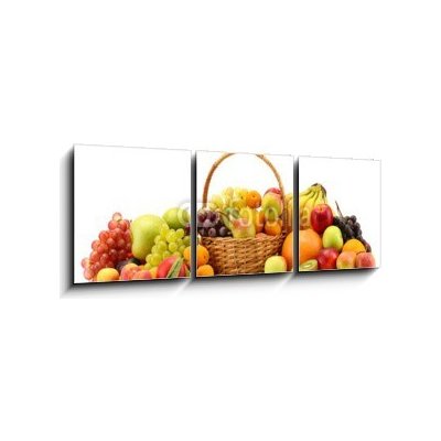 Obraz 3D třídílný - 150 x 50 cm - Assortment of exotic fruits in basket isolated on white Sortiment exotických ovoce v koši izolovaných na bílém