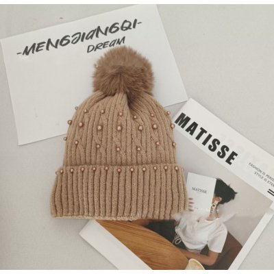 Flamenco Mystique čepice s pomponem a perličkami CZ35WZ3 světlá hnědá – Zboží Mobilmania