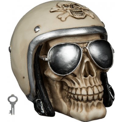 Pokladnička lebka s motorkářskou přilbou
