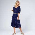 Midi volánová sukně se zlatavým potiskem nám.modrá/zlatá – Sleviste.cz