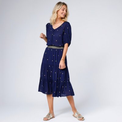 Midi volánová sukně se zlatavým potiskem nám.modrá/zlatá – Sleviste.cz