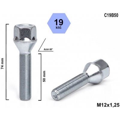 Kolový šroub M12x1,25x50 kužel, klíč 19, C19B50 výška 74 mm – Hledejceny.cz