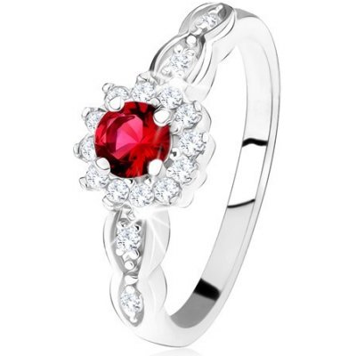 Šperky eshop zásnubní prsten ze stříbra 925 červený kulatý zirkon s čirým lemem SP33.19