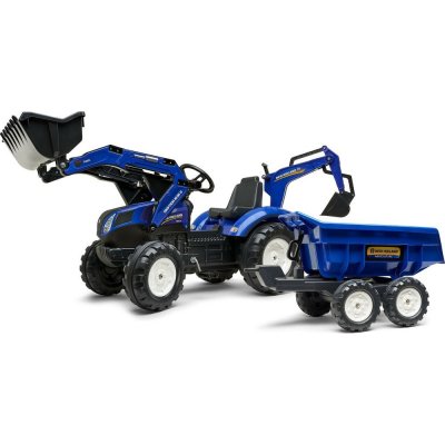FALK Šlapací traktor New Holland T8 s nakladačem rypadlem a maxi vlečkou modrý – Sleviste.cz