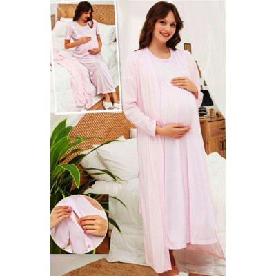 Kojící a těhotenská košilka a pruhovaný župan v kompletu v dlouhé délce 1G0613 růžová – Zboží Dáma