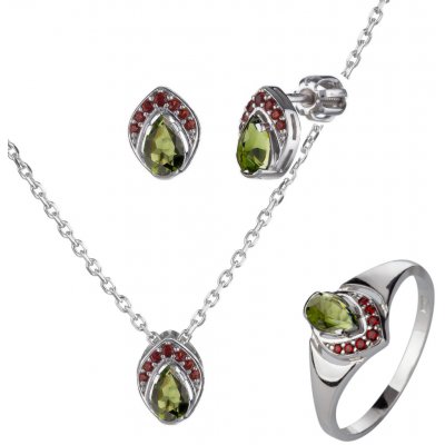 Granát Turnov Stříbrný set šperků 1445 s českým granátem a vltavínem, rhodiovaný - kapka 61 klapka – Hledejceny.cz