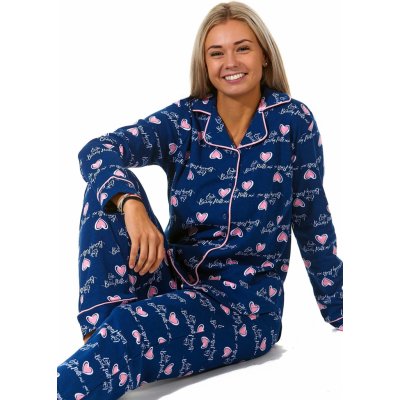 Modré i růžové srdíčkové luxusní teplé bavlněné pyžamo celopropínací pro ženy či dívky 1B1844
