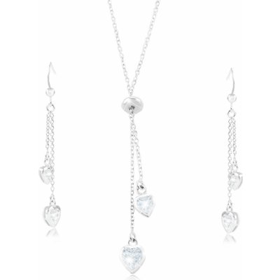 Šperky eshop set ze stříbra náhrdelník a náušnice zirkonová srdíčka na řetízcích SP85.07