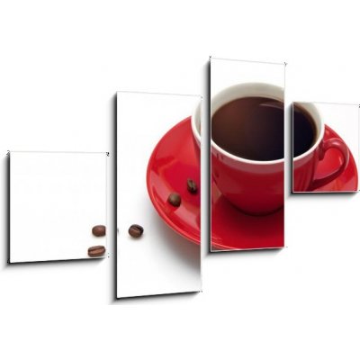 Obraz 4D čtyřdílný - 100 x 60 cm - Red coffee cup and grain on white background Červená šálek kávy a zrna na bílém pozadí