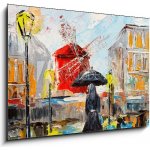 Skleněný obraz 1D - 100 x 70 cm - oil painting, woman with an umbrella near the Moulin Rouge, a walk in Paris, artwork on canvas olejomalba, žena s deštníkem poblíž Moul – Hledejceny.cz