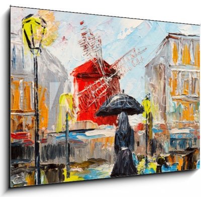 Skleněný obraz 1D - 100 x 70 cm - oil painting, woman with an umbrella near the Moulin Rouge, a walk in Paris, artwork on canvas olejomalba, žena s deštníkem poblíž Moul – Hledejceny.cz