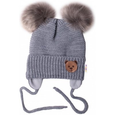 BABY NELLYS Zimní čepice s fleecem Teddy Bear chlupáčk. bambulky tm. šedá šedá – Zboží Dáma