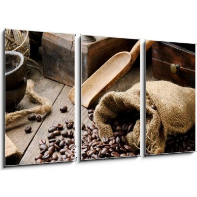 Obraz 3D třídílný - 90 x 50 cm - Roasted coffee beans in vintage setting Pečená kávová zrna v vinobraní – Zboží Mobilmania