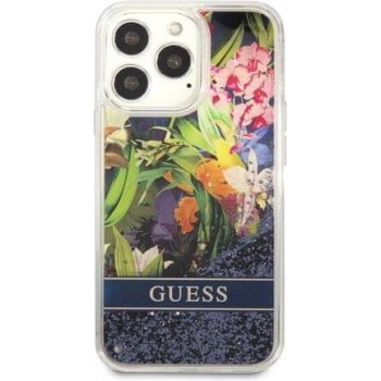 Pouzdro Guess Liquid Glitter Flower Apple iPhone 13 Pro, modré