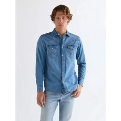 Wrangler Western pánská džínová košile 112378393 mid light wash – Sleviste.cz