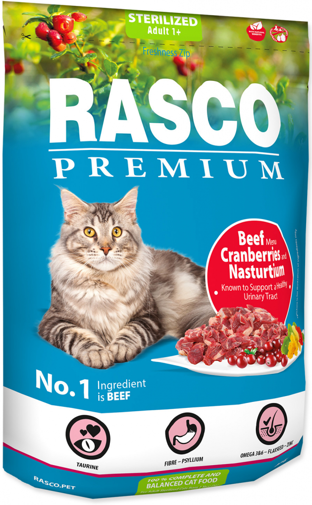 Rasco Premium Sterilized hovězí s brusinkou a lichořeřišnicí 0,4 kg