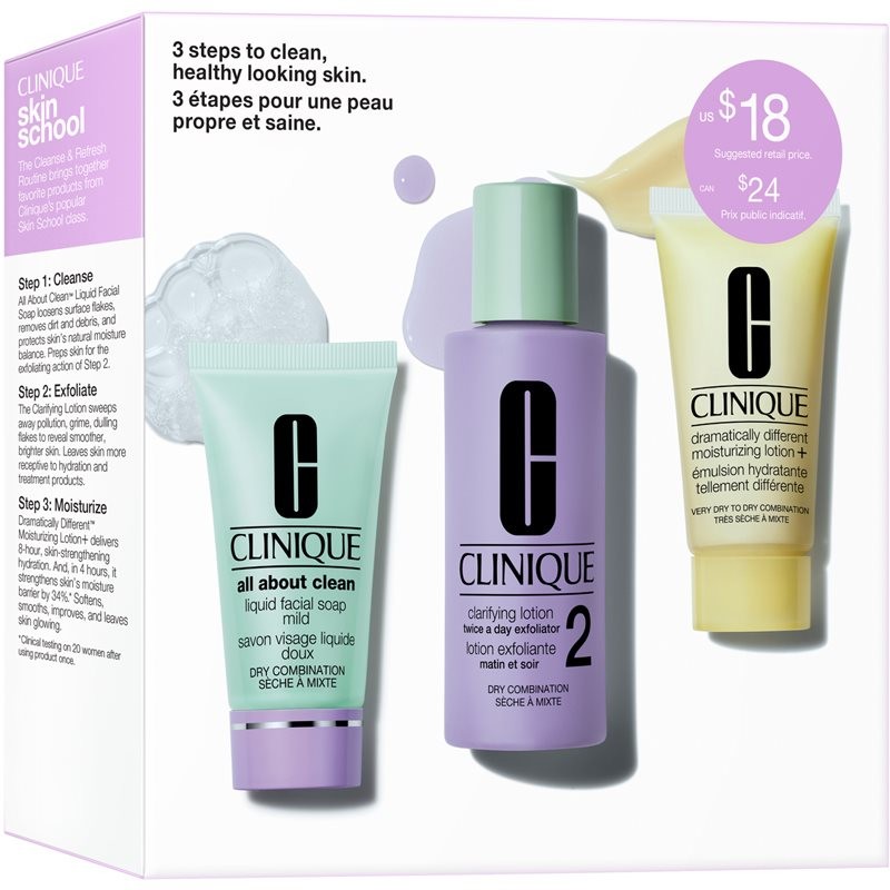 Clinique 3-Step Skin Care Kit All About Clean Liquid Facial Soap Mild tekuté mýdlo pro suchou a smíšenou pleť 30 ml + Clarifying Lotion 2 Twice A Day Exfoliator tonikum 60 ml + Dramatically