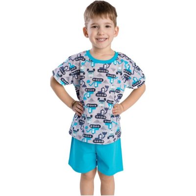 Bettymode Dětské pyžamo AUTA A STROJE TYRKYSOVÁ krátký rukáv – Sleviste.cz