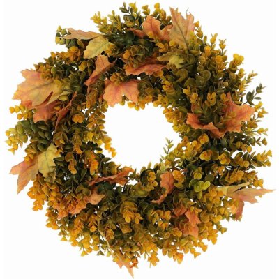 Podzimní věnec umělý Eucalyptus a javorové listy, pr. 40 cm, oranžovo-zelená – Zboží Dáma