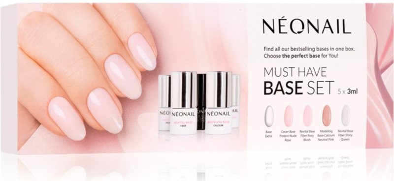 NeoNail Must Have Base Extra podkladový lak pro gelové nehty 3 ml + Cover Base Protein Nude Rose podkladový a vrchní lak pro gelové nehty 3 ml + Revital Base Fiber Rosy Blush podkladový