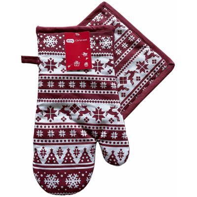 Vánoční kuchyňský set vánoční rukavice/chňapka CHRISTMASSY bílá/vínová 18x30 cm/20X20 cm 100% bavlna ESSEX – Zbozi.Blesk.cz