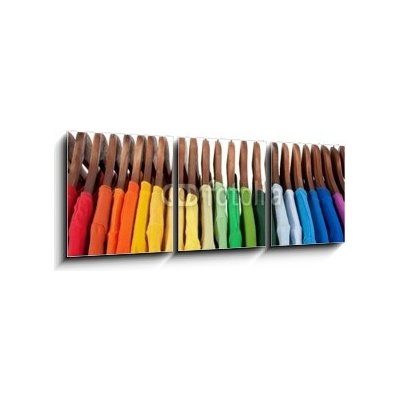 Obraz 3D třídílný - 150 x 50 cm - Rainbow colors, clothes on wooden hangers Duhové barvy, oblečení na dřevěných věšácích – Zboží Mobilmania