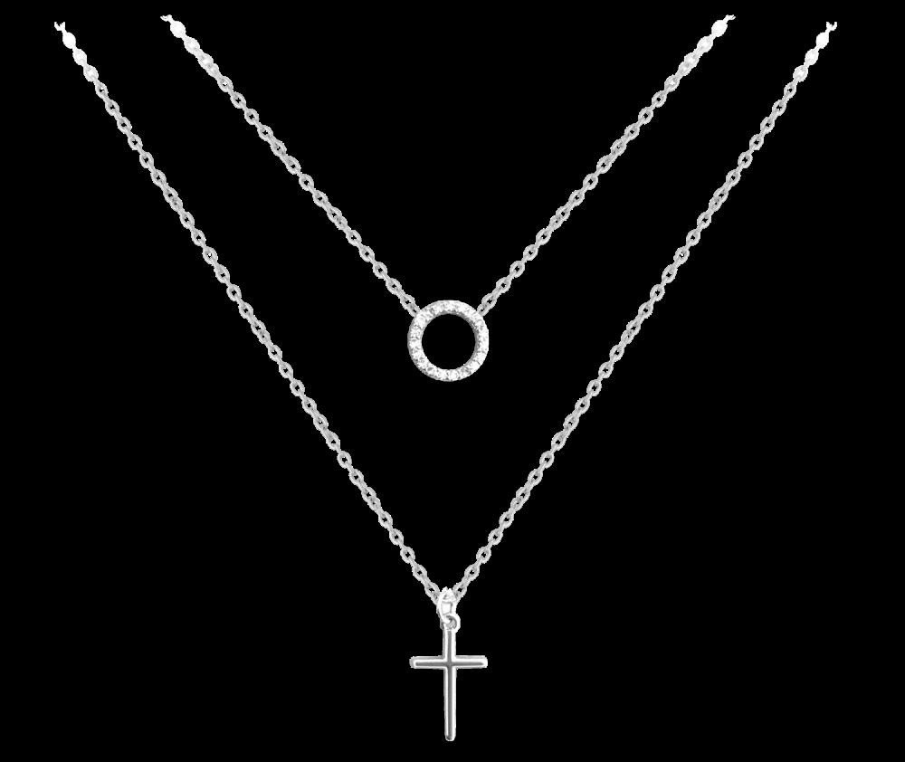 Minet Dvojitý stříbrný náhrdelník křížek s čirými zirkony JMAN0115SN45 |  Srovnanicen.cz