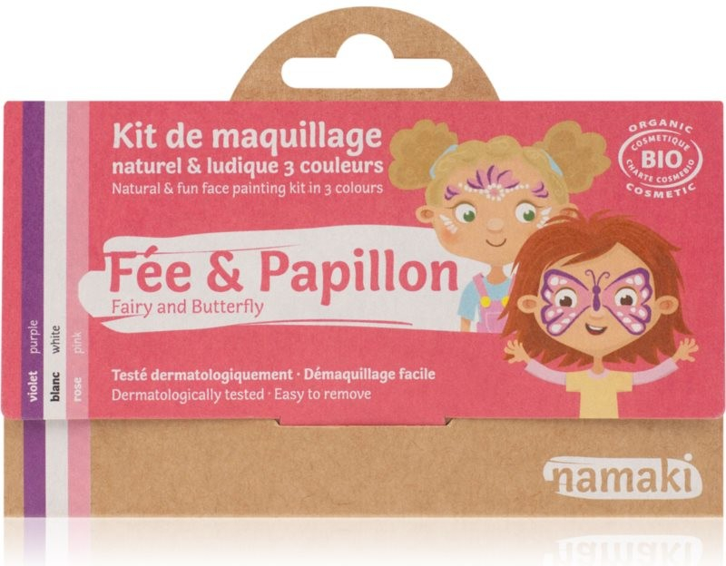 Namaki Color Face Painting Kit kosmetický štětec 1 ks + White, Pink, Purple paletka na tvář 3x3,5 g
