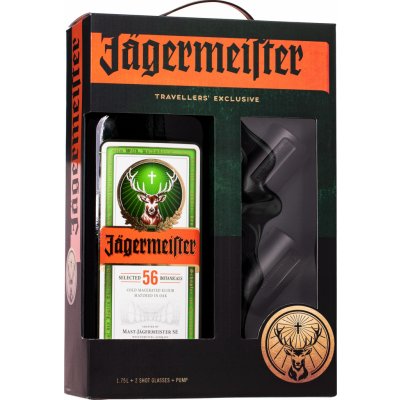 Jägermeister 35% 1,75 l (dárkové balení 2 sklenice + pumpa) – Sleviste.cz