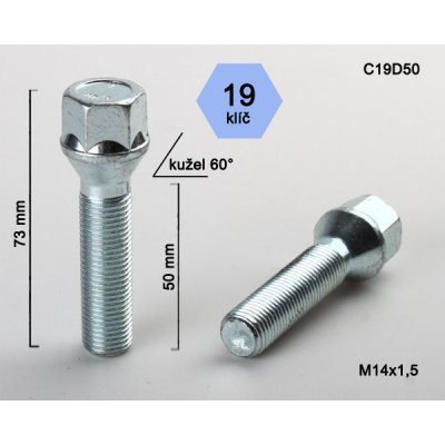 Kolový šroub M14x1,5x50 kužel, klíč 19, C19D50 ; výška 73 – Sleviste.cz